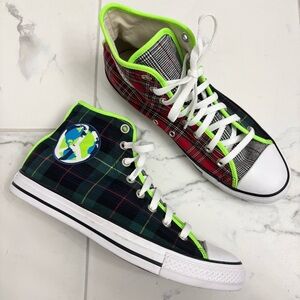 Converse Chuck Taylor All Star High World Peace Sneakers M9 W11 Plaid Green Red